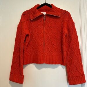 NWT Pink Rose Bright Orange Full Zip Cable Knit Collared Bell Sleeve Sweater.